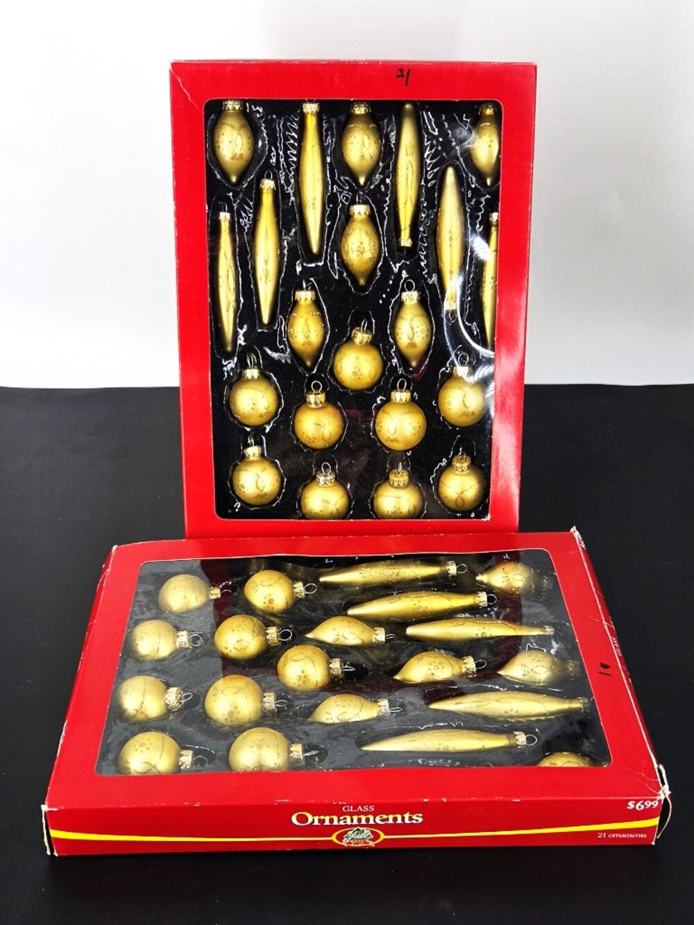 2 Boxes Yule Rite/Rite Aid 42 Small Gold Glass VTG Christmas Ornaments Glittery